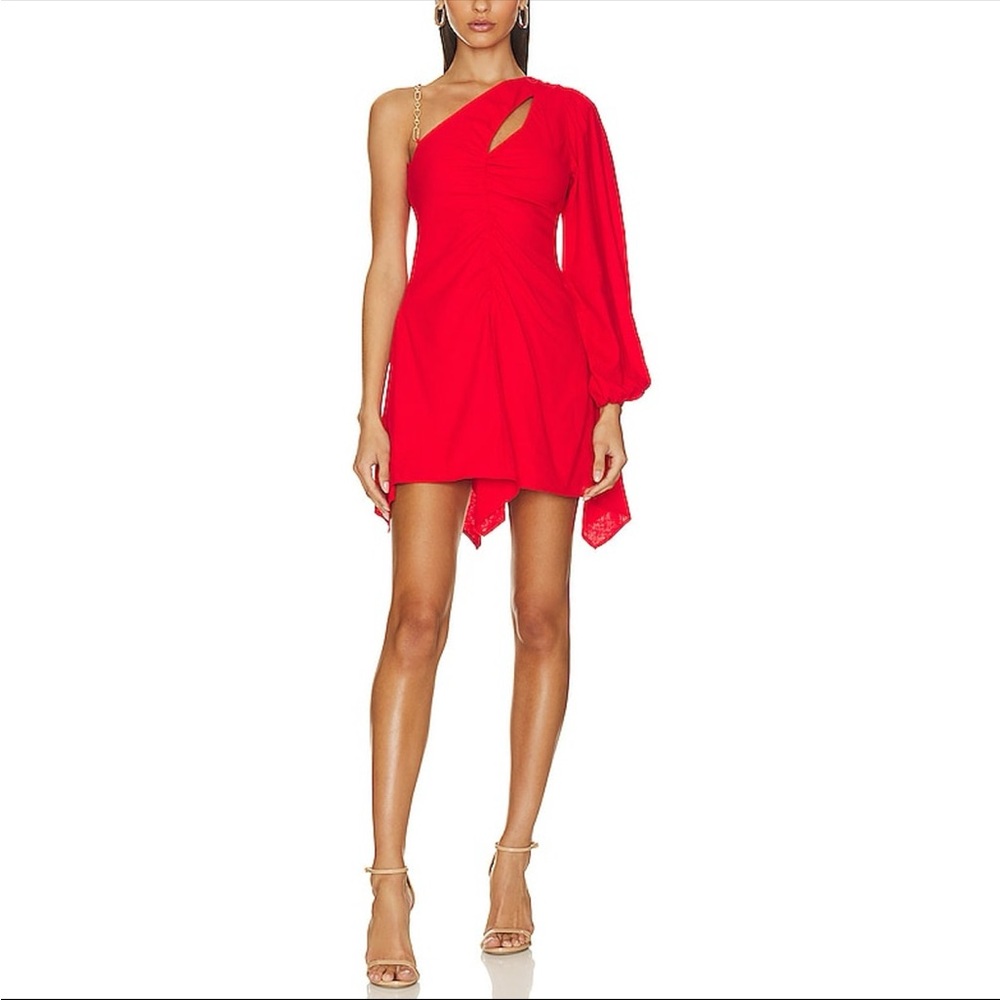 Lovers + Friends Red One-Shoulder Rosalie Mini Red Linen Dress with Long Sleeve